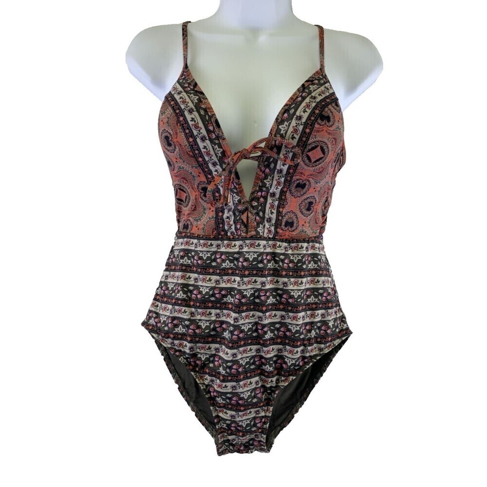BOGO Jets Australia Plunge V-Neck One Piece Swimsuit Pink Purple Floral Tie 8